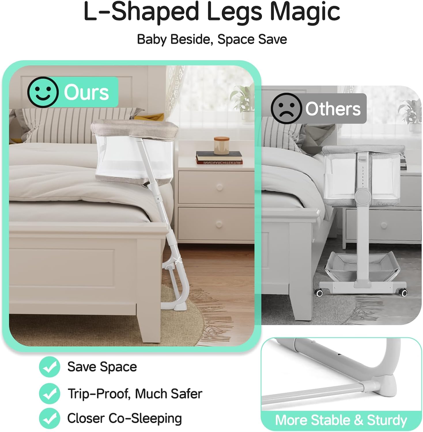 Cowiewie Bassinet Bedside Sleeper,Baby Bassinet Slides Over Bed,5-Position Height Adjustment & Breathable All-Mesh Wall Bedside Bassinet for Baby,Space-Saving Bedside Crib, Height(37.4-41.3) (Beige)